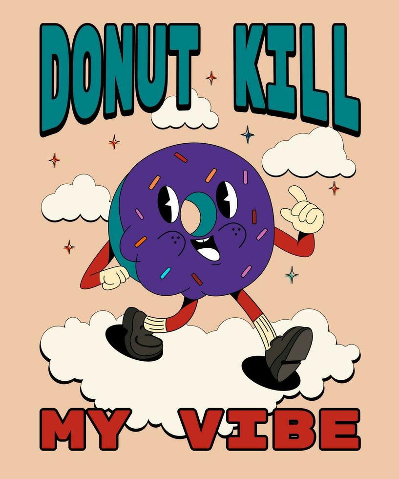 Donut tuer mon ambiance. psychédélique, sensationnel rétro dessin animé personnage. marrant visages avec vibrant couleurs. fou vecteur illustration.