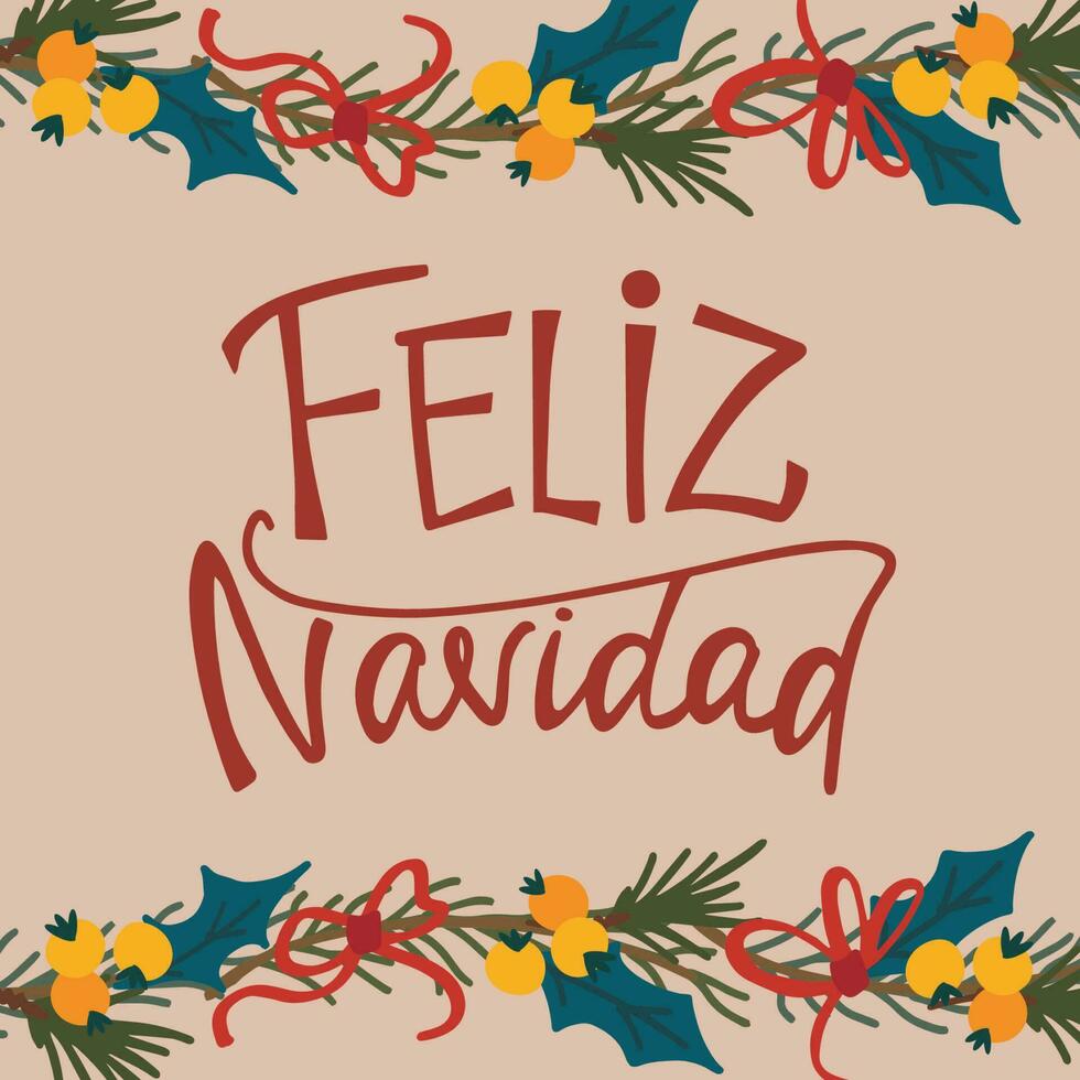 vecteur Noël et Nouveau année carte avec feliz havidad caractères houx sapin brindille rouge arc Nouveau année symbole