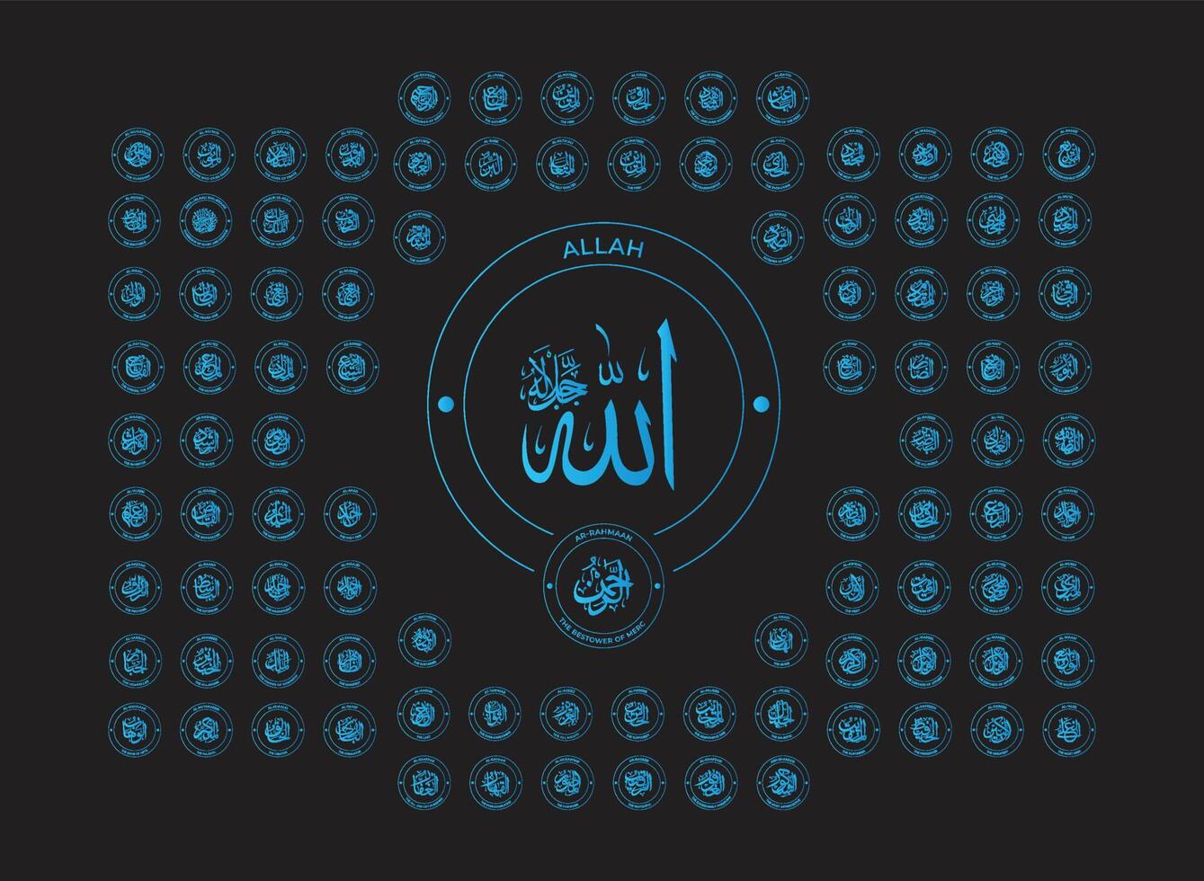 Allah des noms, Allah, des noms de Allah, Islam, des noms, Allahu Akbar, quatre vingt dix neuf des noms de Allah, islamique rappels, islamique devis, calligraphie art, islamique, des noms de Dieu, islamique art vecteur