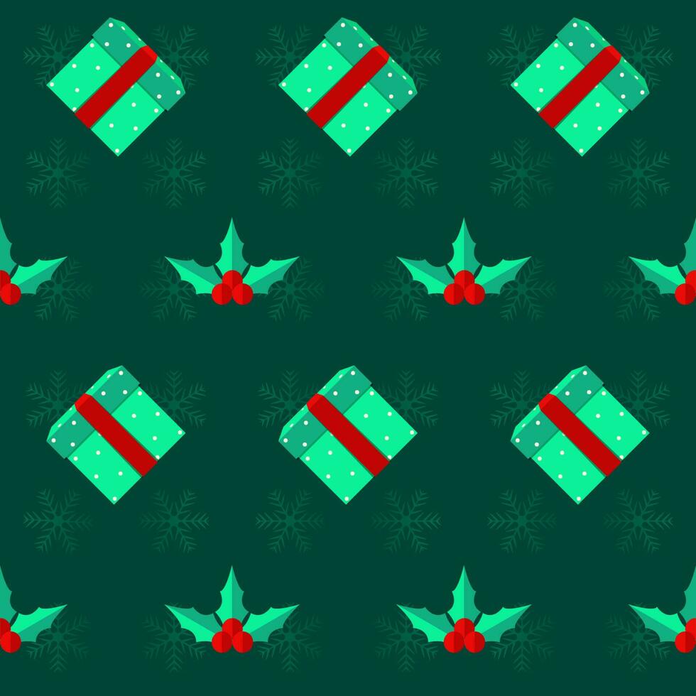vert flocon de neige modèle Contexte décoré avec cadeau des boites et houx baies. vecteur