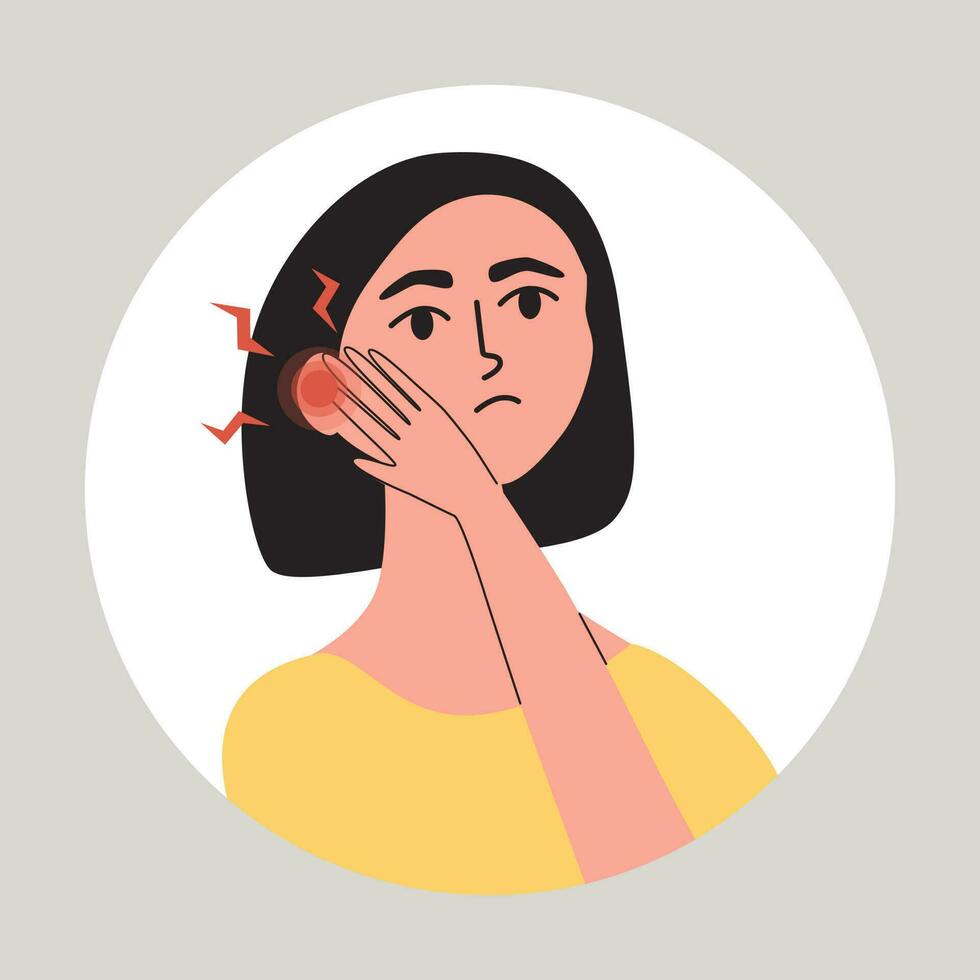 Jeune femme Souffrance de mal d'oreille. femelle avec otite, acouphène, vertige ou un autre audition maladie. vecteur