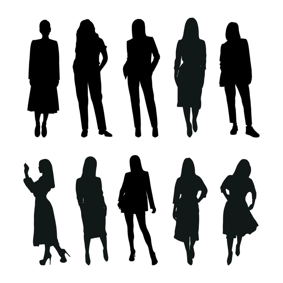 vecteur féminin silhouettes de femme, femmes, femme, jeune fille, fille, mesdames, filles. affaires femmes, entrepreneur, exécutif, fashionista, professeur, public, étudiants, copines
