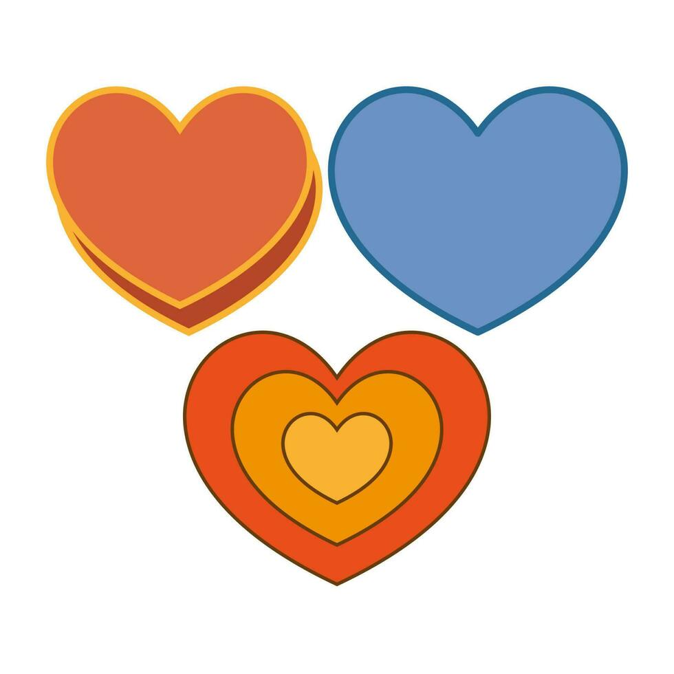 psychédélique le Années 70 style Contexte avec vecteur icône coloré cœur. rouge, jaune et bleu sourire affronter. l'amour thème rétro vieux.
