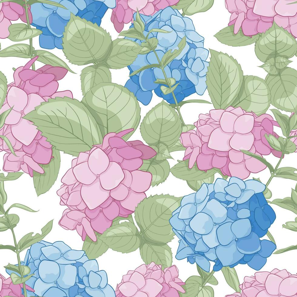 vecteur sans couture modèle de fleurs de hartensie, brindilles et feuilles pour votre conception. texture pour le conception de cartes, textiles et décor.