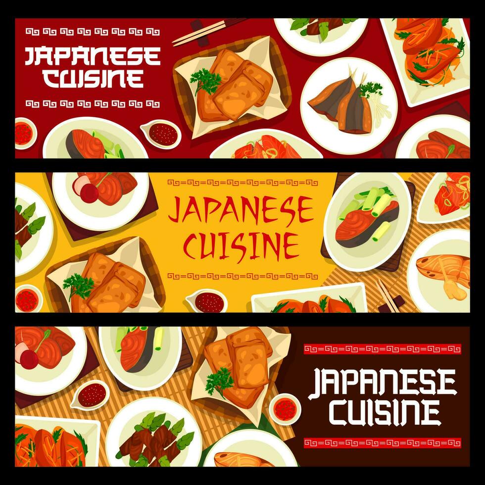 Japonais nourriture dessin animé vecteur bannières Japon cuisine