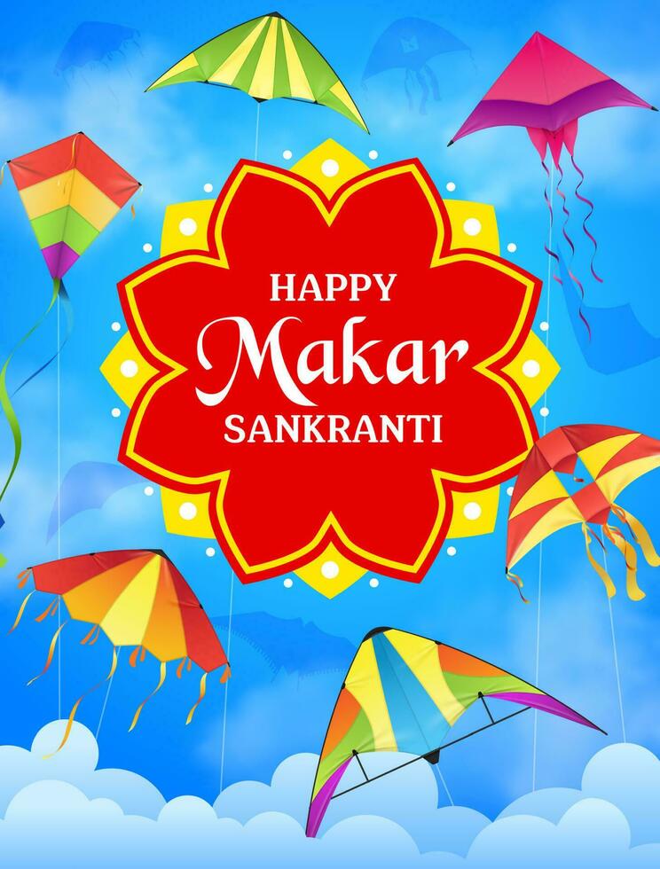 makar sankranti vacances cerfs-volants dans ciel vecteur