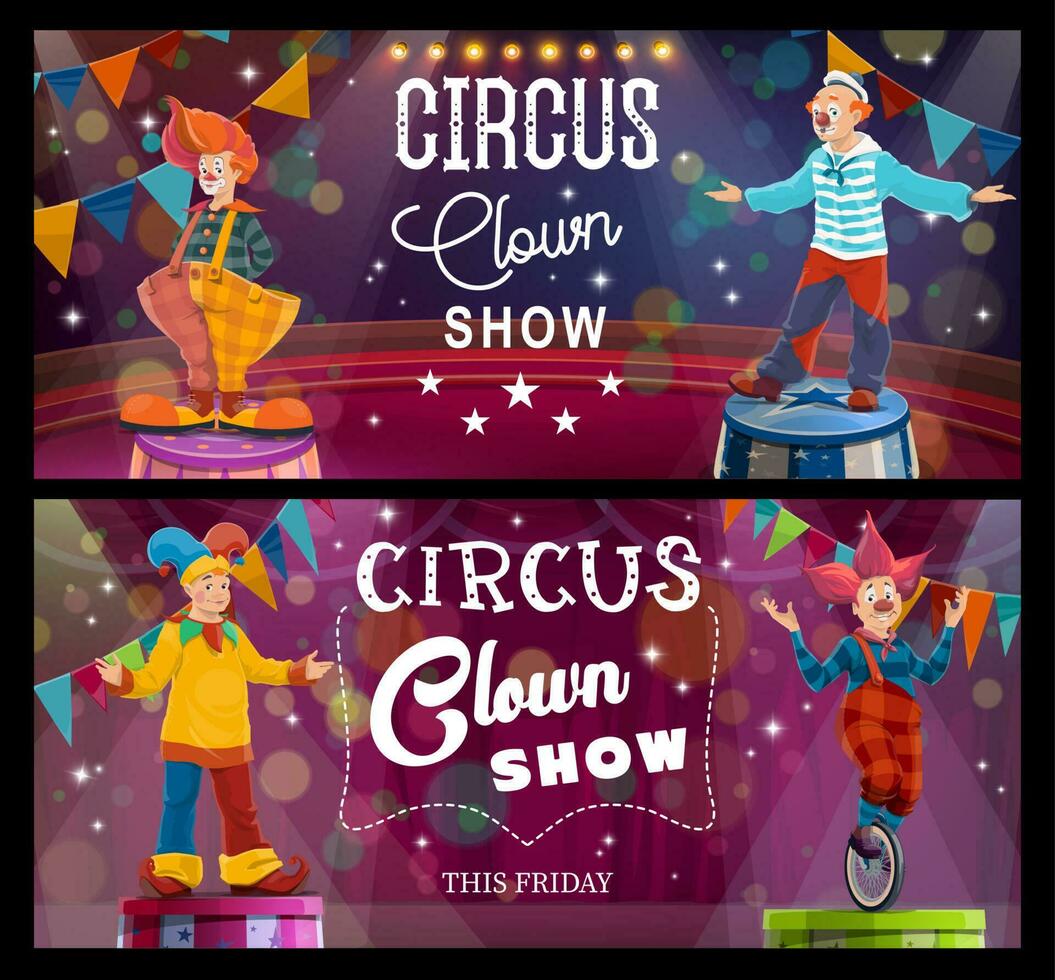 shapito cirque montrer, dessin animé clowns et bouffons vecteur