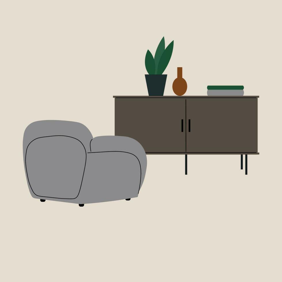 fauteuil et poitrine de tiroirs. illustration de une moderne intérieur, facile chaise, minimaliste armoire, plante d'appartement, livres.rembourrés meubles pour du repos et relaxation. la vie style, intérieur conception. vecteur