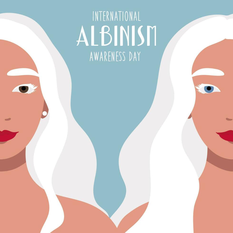 international albinisme conscience jour, juin 13,. silhouette de deux albinos femmes sur une bleu Contexte. une bannière pour solidarité avec gens Souffrance de albinisme. Humain droits. stylisé vecteur graphique