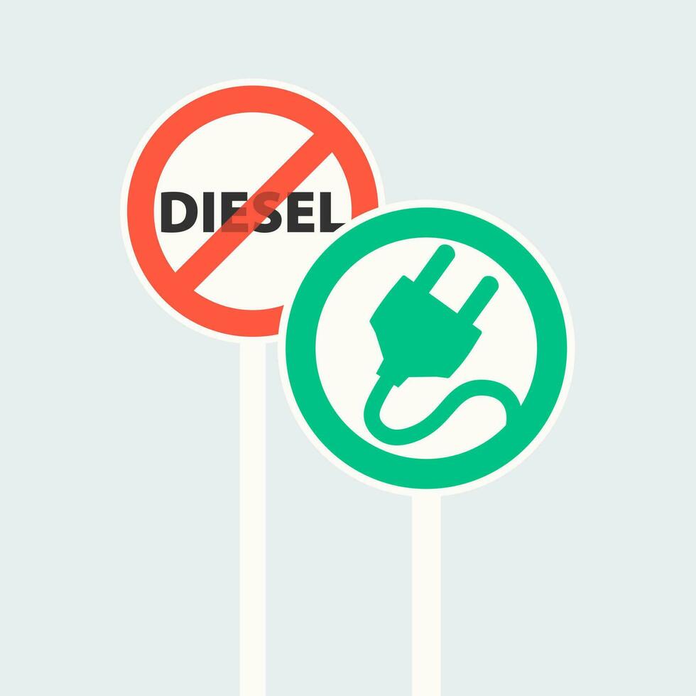 route signe interdisant diesel Véhicules. rouge franchi en dehors cercle. route signe de un électrique véhicule mise en charge station dans une vert cercle. vecteur