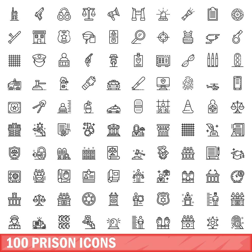 100 prison Icônes ensemble, contour style vecteur