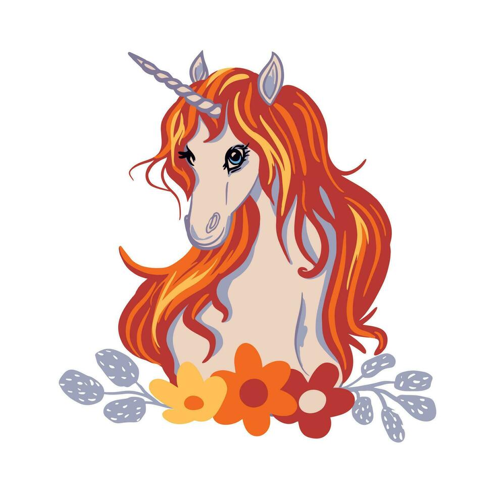 une blanc Licorne avec fleurs. vecteur illustration pour enfants conception. Étiquettes, album couvertures, des cahiers, vacances bannières. arc en ciel cheveux. isolé. mignonne fantaisie animal.