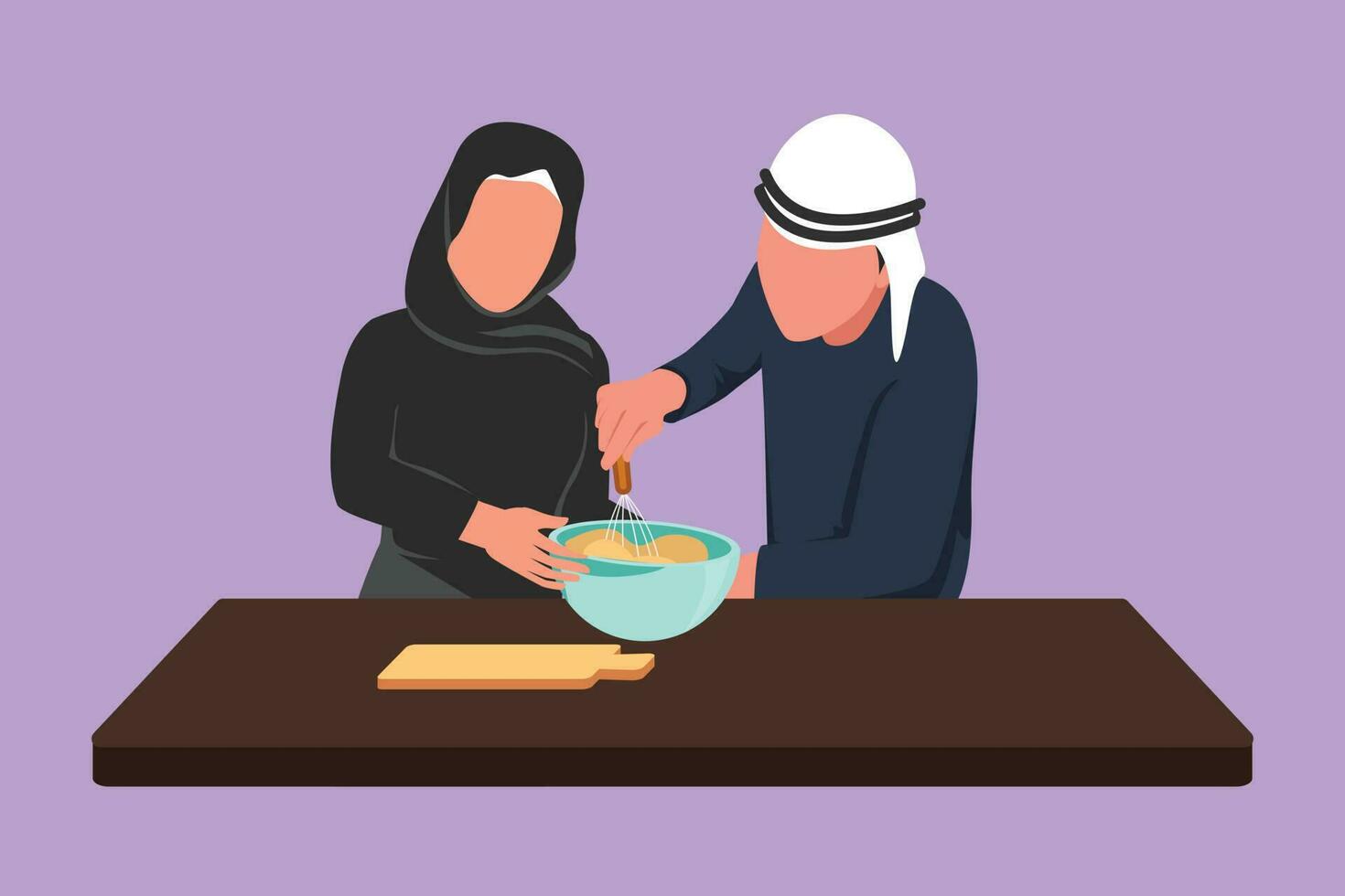 personnage plat dessin romantique arabe couple pétrir gâteau pâte en utilisant Manuel main mixer. prendre plaisir pétrissage gâteau pâte ensemble à maison. content homme et femme cuisine pain. dessin animé conception vecteur illustration