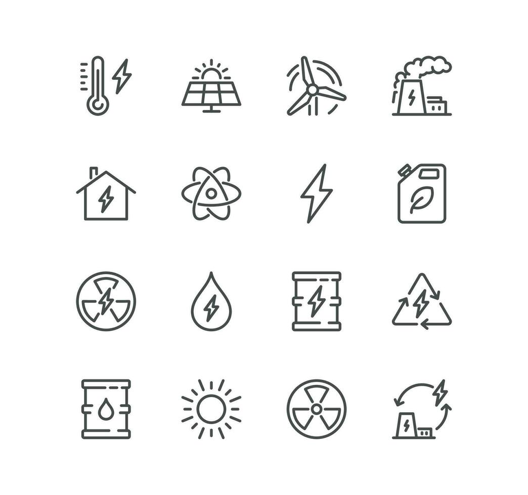 ensemble de énergie les types en relation Icônes, Puissance gare, solaire cellules, fossile carburants, renouvelable, turbine, écologie, foudre et linéaire variété vecteurs. vecteur