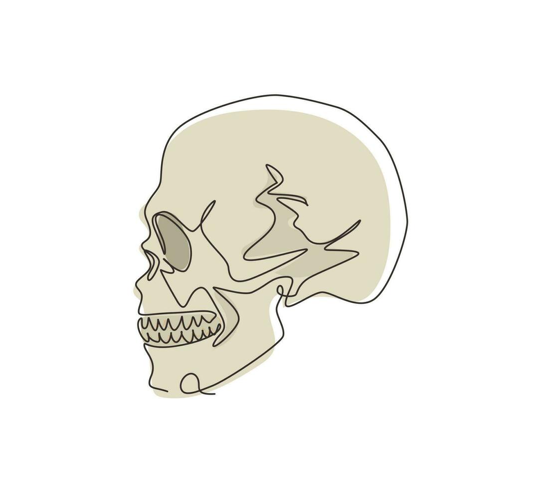 une seule ligne continue dessinant une illustration en noir et blanc du crâne. os de la tête humaine. conception de tatouage squelette dessiné à la main. esquissez des crânes anatomiques en vue latérale. une ligne dessiner vecteur de conception graphique