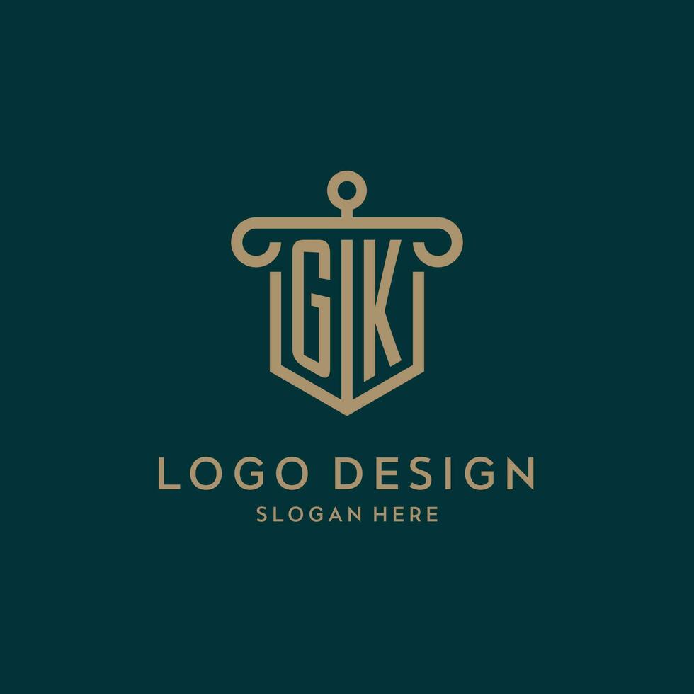 gk monogramme initiale logo conception avec bouclier et pilier forme style vecteur
