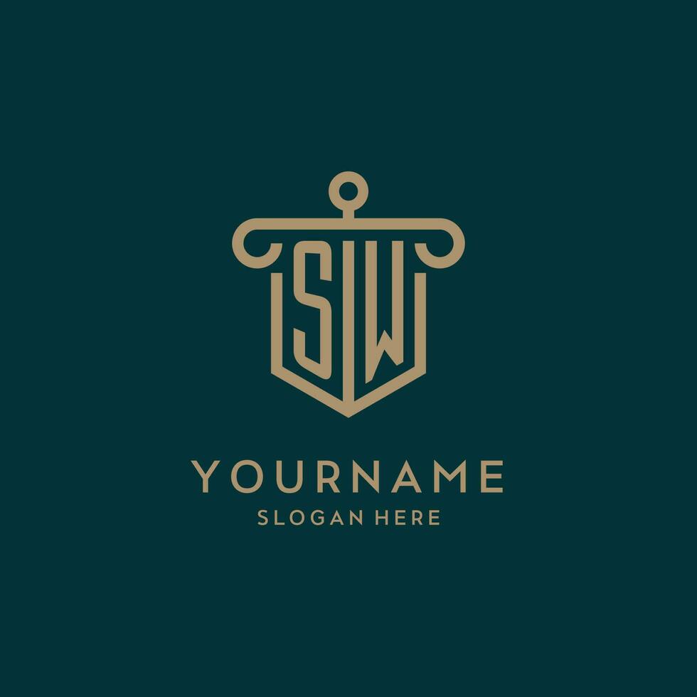 sw monogramme initiale logo conception avec bouclier et pilier forme style vecteur