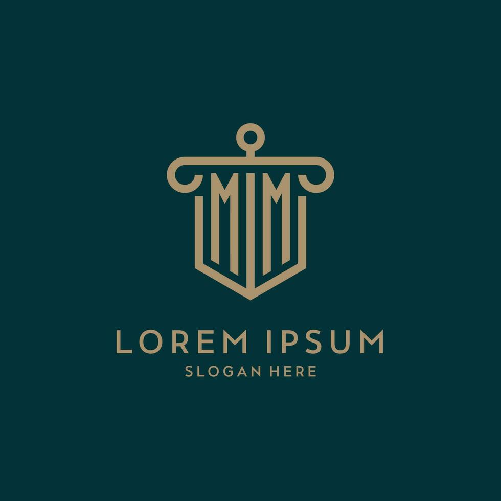 mm monogramme initiale logo conception avec bouclier et pilier forme style vecteur