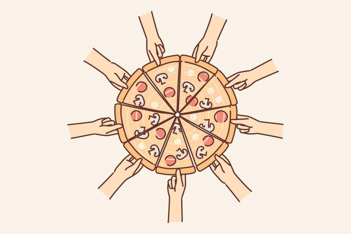 mains atteindre en dehors à Pizza à choisir en haut pièce de délicieux italien casse-croûte avec fromage et pepperoni. Haut vue de Pizza cuit selon à traditionnel italien cuisine recette avec champignons et tomates vecteur