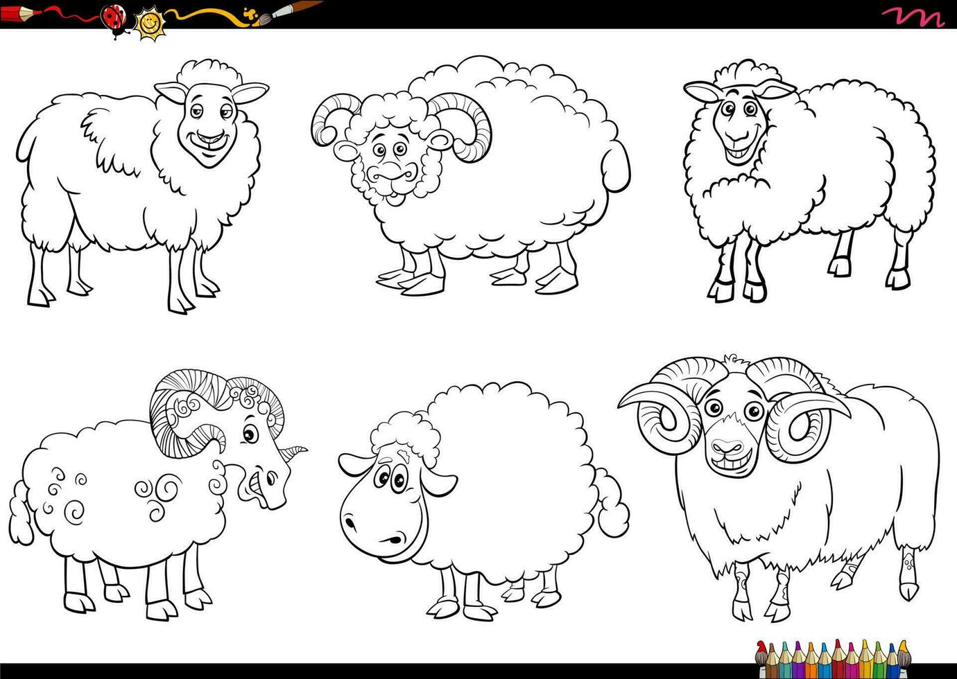 dessin animé mouton ferme animal personnages ensemble coloration page vecteur