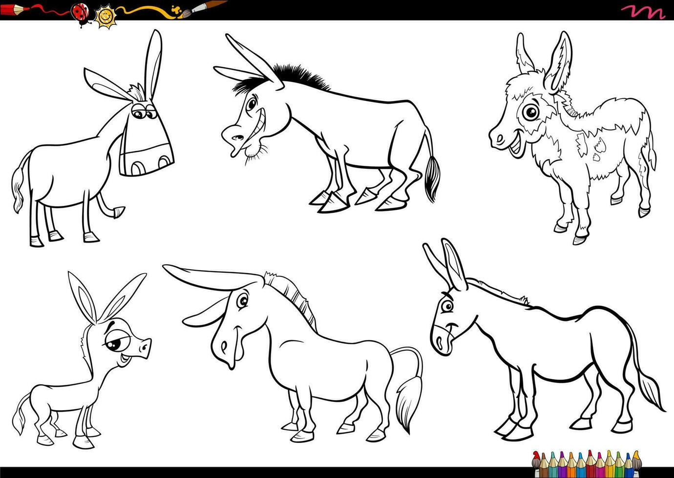 dessin animé les ânes ferme animal personnages ensemble coloration page vecteur