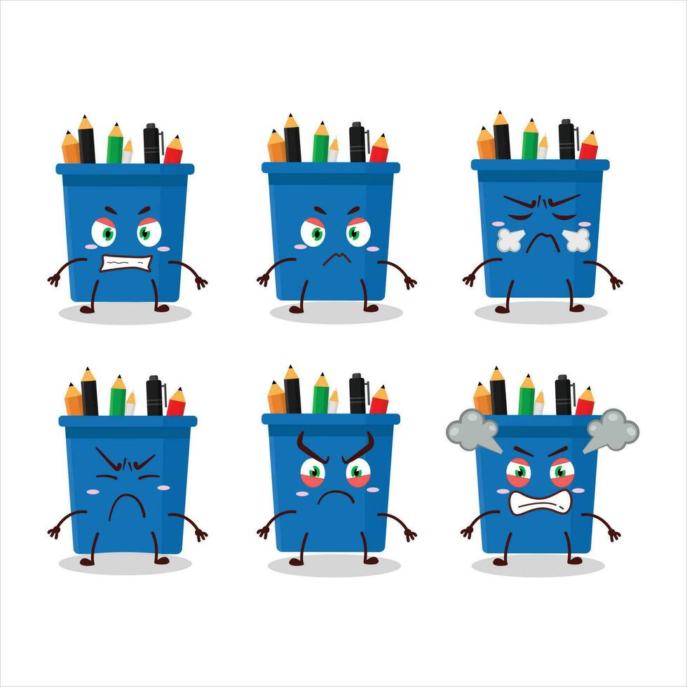 Bureau crayon supporter dessin animé personnage avec divers en colère expressions vecteur