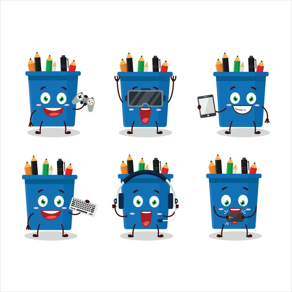 Bureau crayon supporter dessin animé personnage sont en jouant Jeux avec divers mignonne émoticônes vecteur
