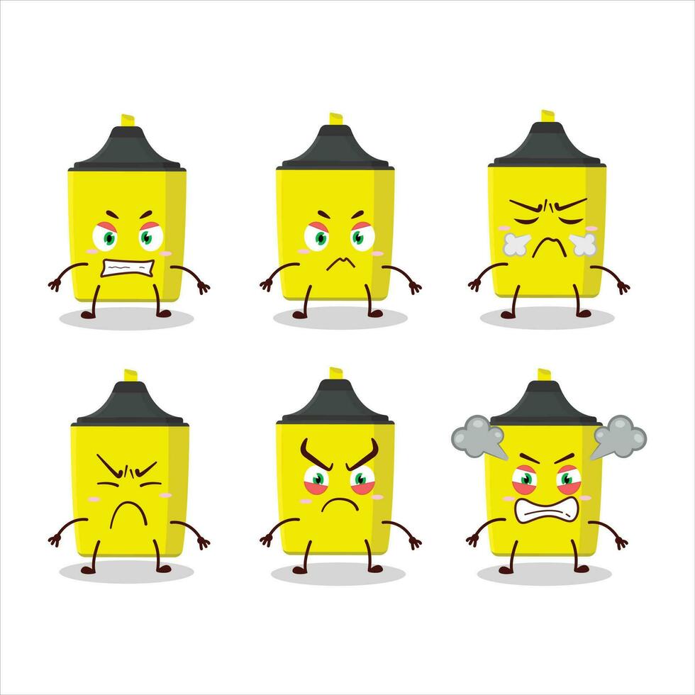 Jaune surligneur dessin animé personnage avec divers en colère expressions vecteur
