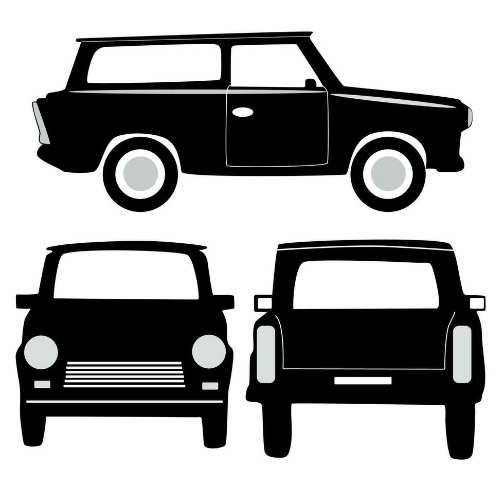 voiture silhouette sur blanc Contexte. véhicule Icônes ensemble le vue de côté, devant, arrière et haut, voiture rétro vecteur