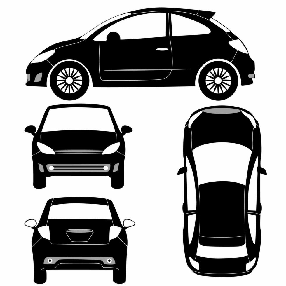 voiture silhouette sur blanc Contexte. véhicule Icônes ensemble le vue de côté, devant, arrière et haut, voiture rétro vecteur