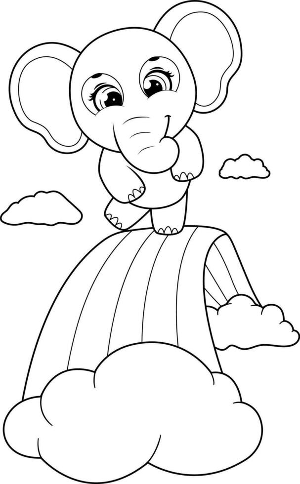 coloration page. mignonne dessin animé l'éléphant sur une arc en ciel avec des nuages vecteur