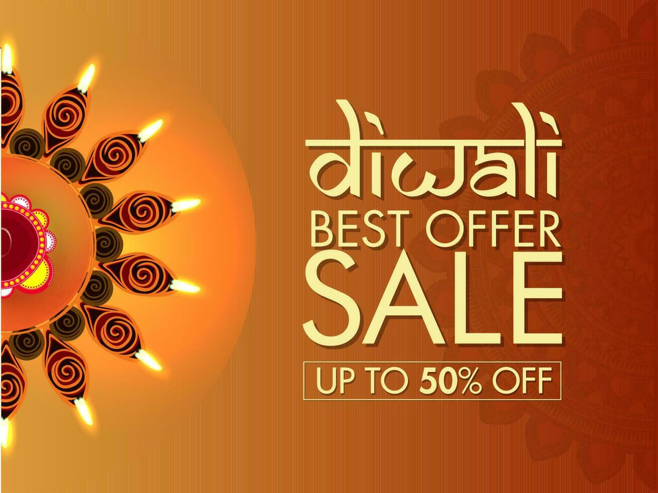 diwali vente bannière ou affiche conception avec 50 remise offre et Haut vue de rangoli décoré par illuminé pétrole lampe sur marron Contexte. vecteur