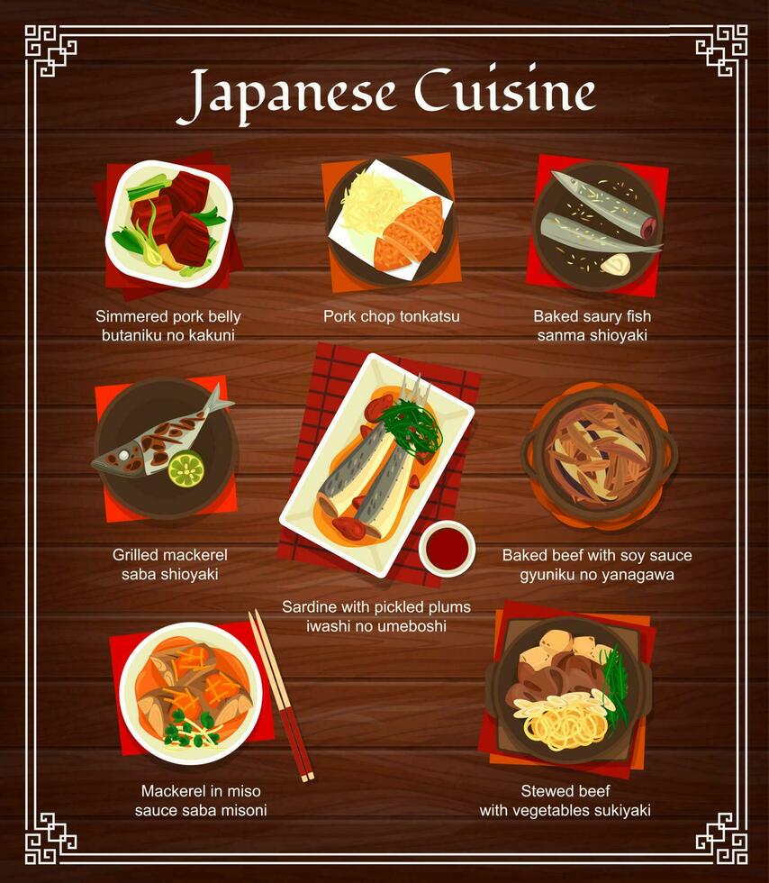 Japonais nourriture menu, restaurant le déjeuner dîner affiche vecteur