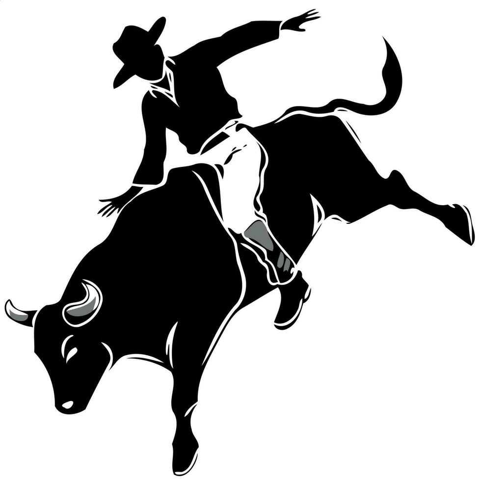 cow-boy homme équitation une taureau à une rodeo taureau équitation noir et blanc silhouette vecteur