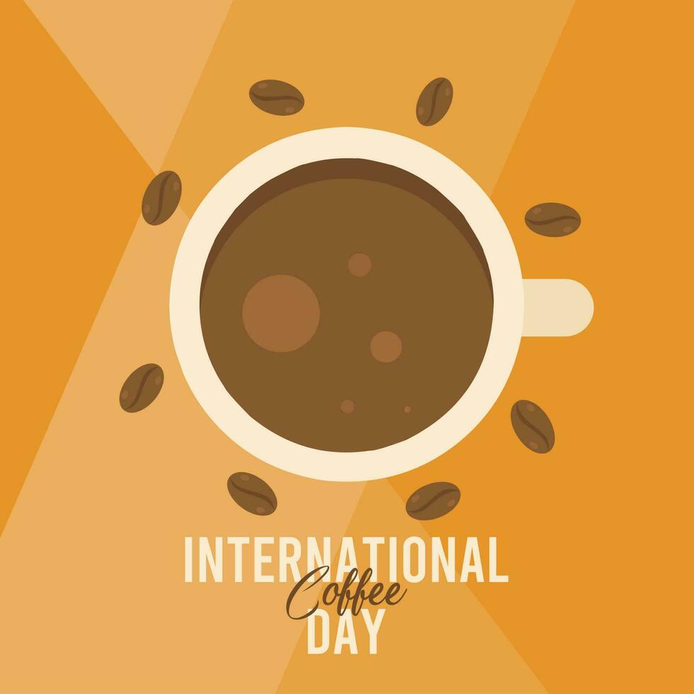 international café journée salutation avec une tasse de café et certains café des haricots vecteur
