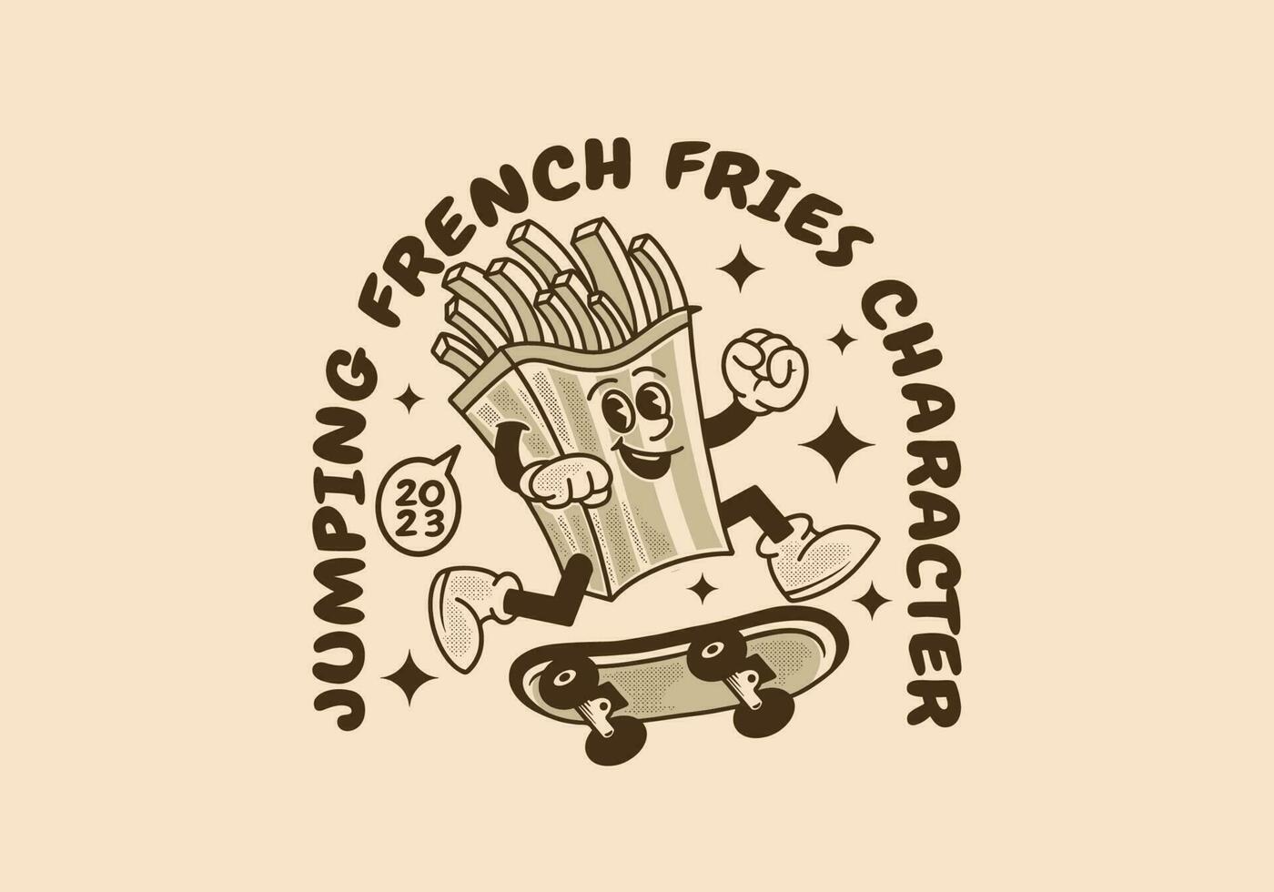 ancien mascotte personnage de français frites sauter sur patin planche vecteur