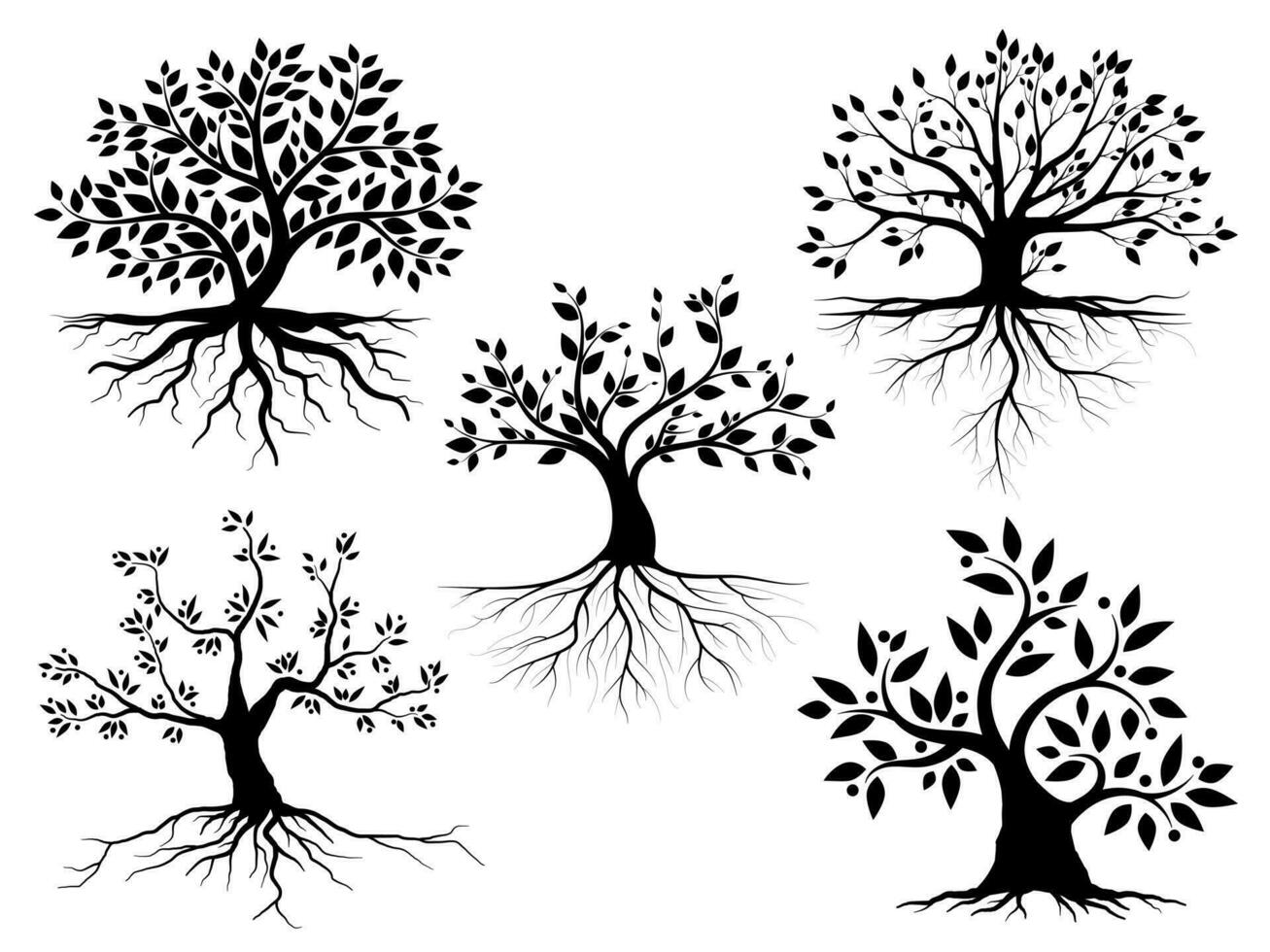 arbre de branche noire ou ensemble de silhouettes d'arbres nus. illustrations isolées dessinées à la main vecteur