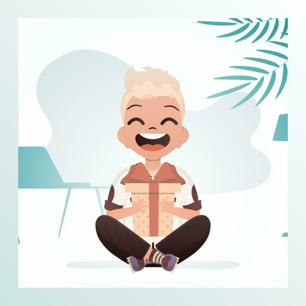 une content enfant garçon est assis dans une lotus position et détient une boîte avec une arc dans le sien mains. anniversaire, Nouveau année ou vacances thème. vecteur illustration dans dessin animé style.