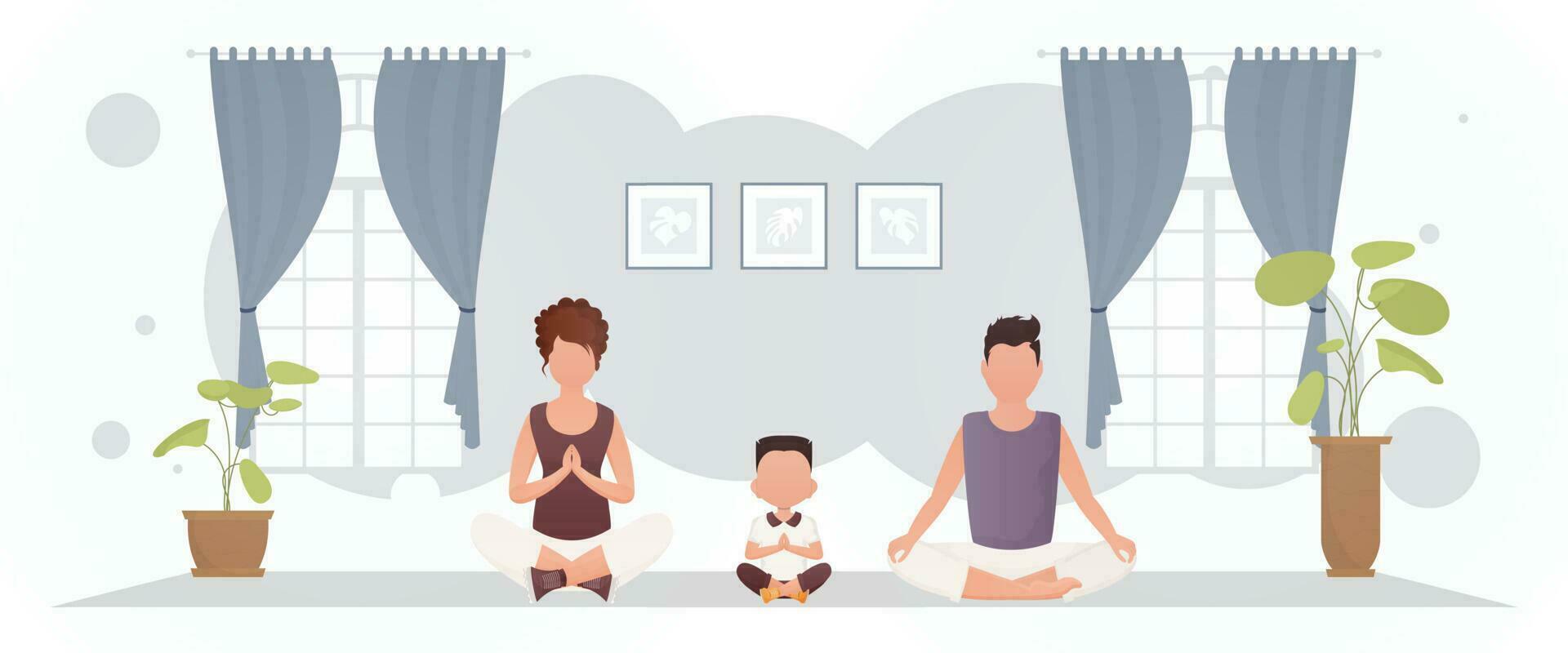 fort construire gars avec une magnifique fille et une mignonne peu garçon sont méditer dans le chambre. yoga. dessin animé style. vecteur