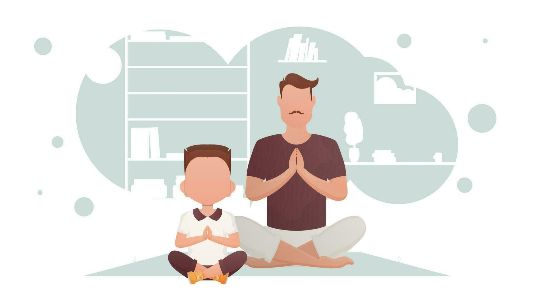 une homme avec une peu garçon sont séance et Faire yoga dans le chambre. méditation. dessin animé style. vecteur