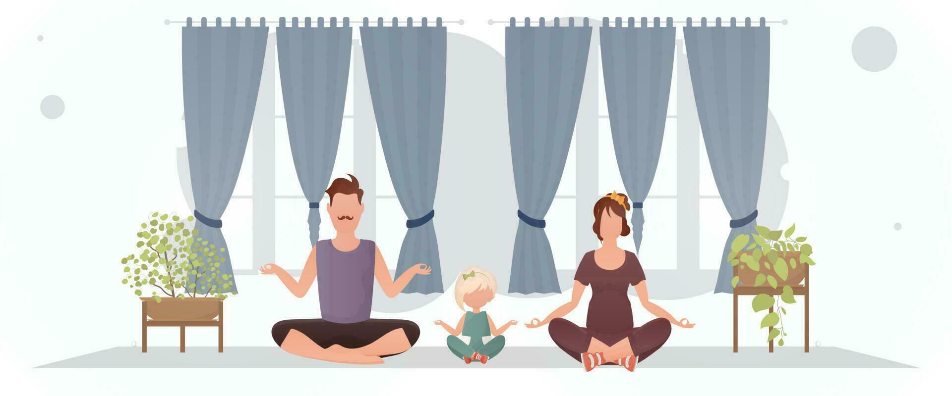 une homme avec une femme et une peu fille sont engagé dans méditation dans le chambre. yoga. dessin animé style. vecteur