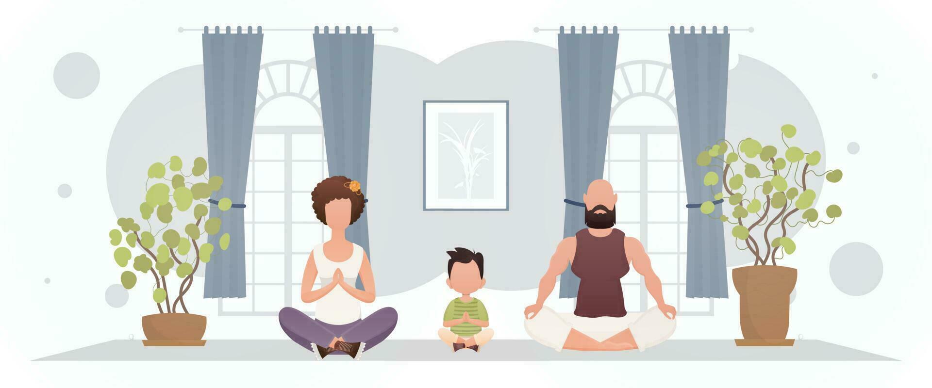 mari et épouse avec un adorable bébé sont méditer dans le chambre. méditation. dessin animé style. vecteur
