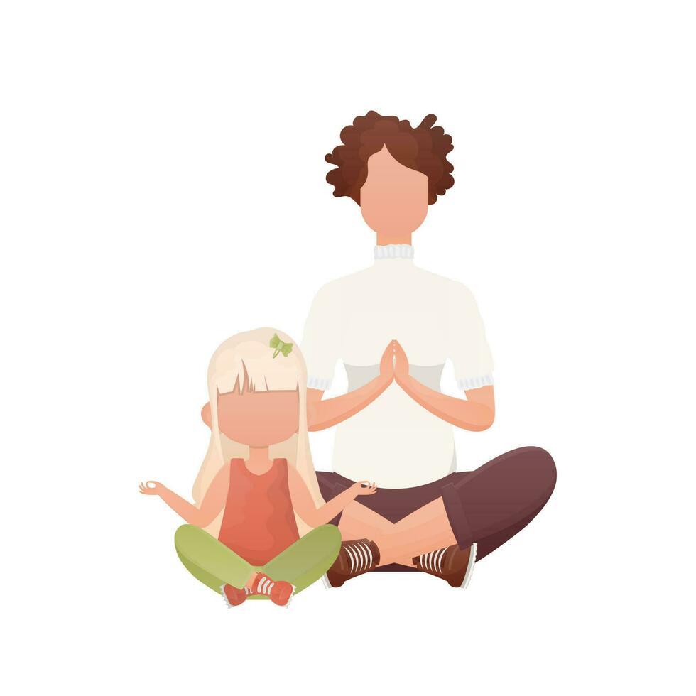 maman et fille asseoir dans le lotus position. dessin animé style. isolé. vecteur. vecteur