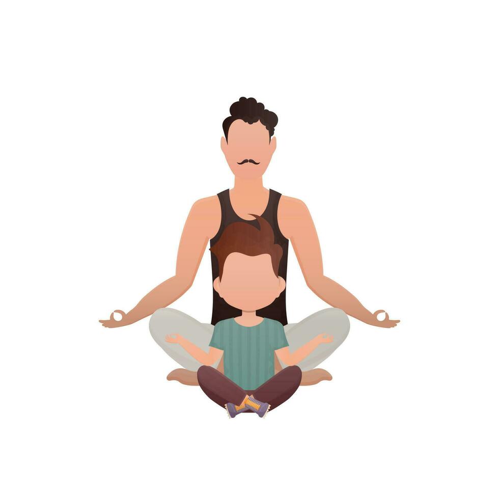 une fort homme et une peu garçon sont séance Faire yoga dans le lotus position. isolé. dessin animé style. vecteur