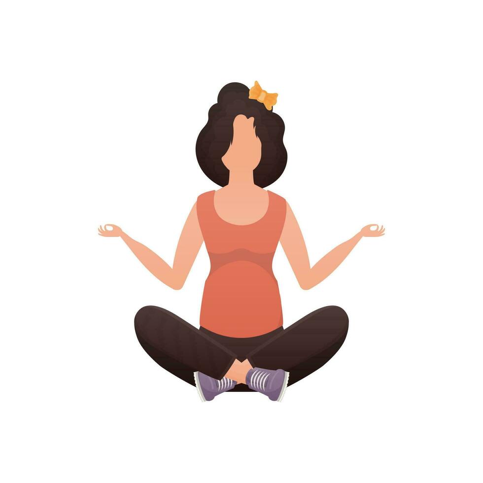 une femme est assis dans le lotus position. isolé sur blanc Contexte. vecteur illustration dans dessin animé style.