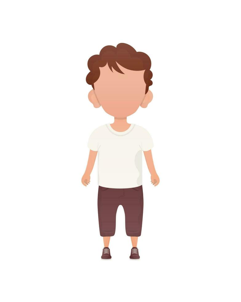 aux cheveux noirs peu garçon, préscolaire âge dans une T-shirt et shorts. isolé. vecteur illustration dans dessin animé style.