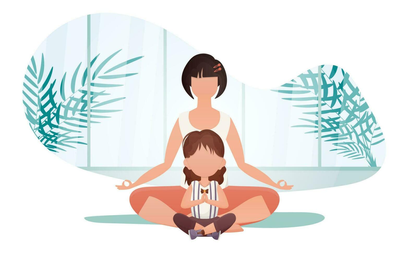 maman et fille faire yoga dans le lotus position. dessin animé style. des sports mode de vie. vecteur illustration.