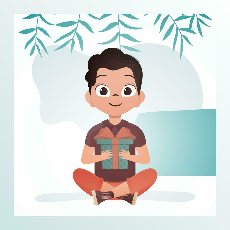 une joyeux enfant garçon est assis dans une lotus position et détient une cadeau boîte avec une arc dans le sien mains. vacances thème. dessin animé style. vecteur illustration.