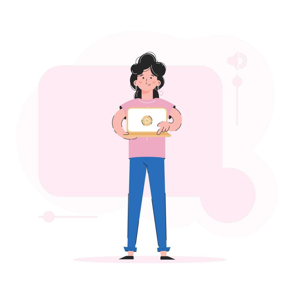 le fille détient une portable dans sa mains et presses le jouer. tendance illustration. bien pour applications, présentations et sites Internet. vecteur. vecteur