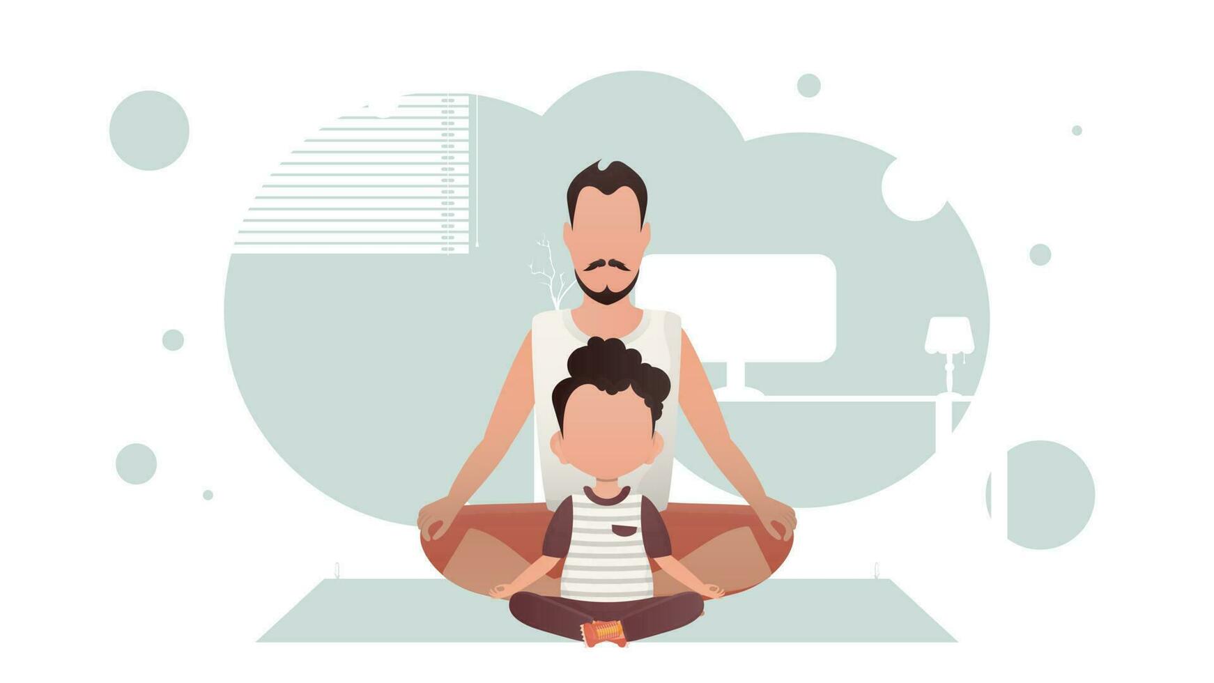 une fort homme et un adorable enfant sont séance et Faire yoga dans le chambre. yoga. dessin animé style. vecteur